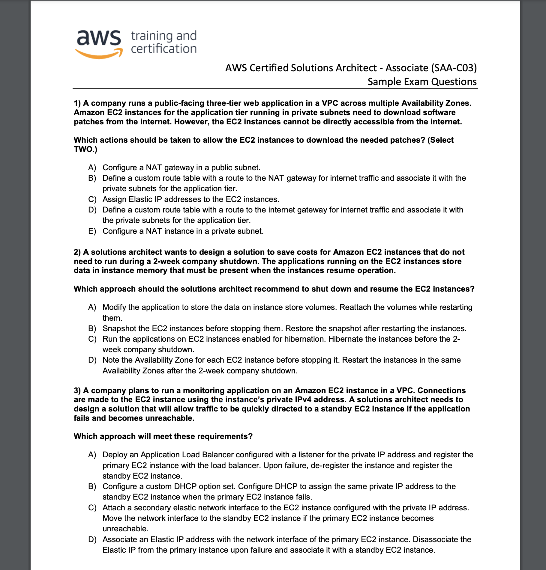 AWS Certified Solutions Architect Associate SAA-C03 Official Sample Questions SAA-C03
