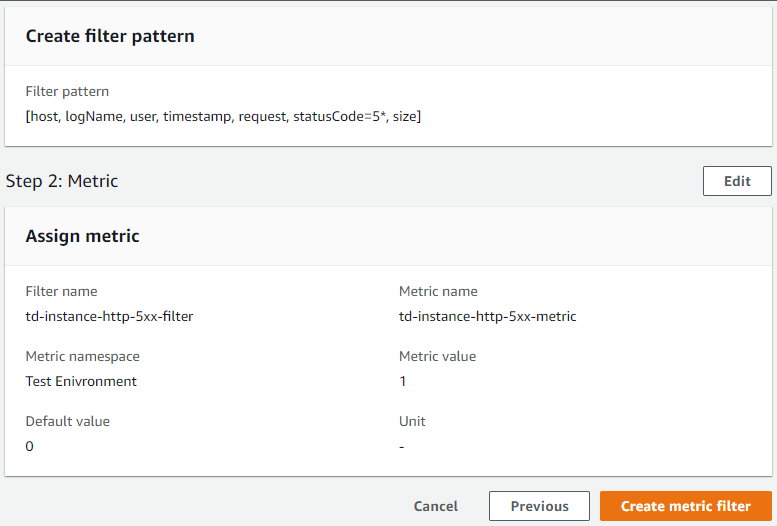 8. Hit next, and click Create metric filter.