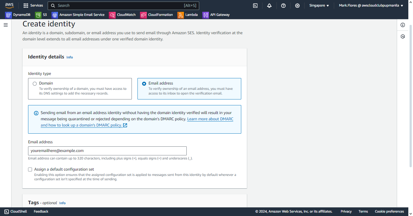 Amazon SES Create Identity Dashboard