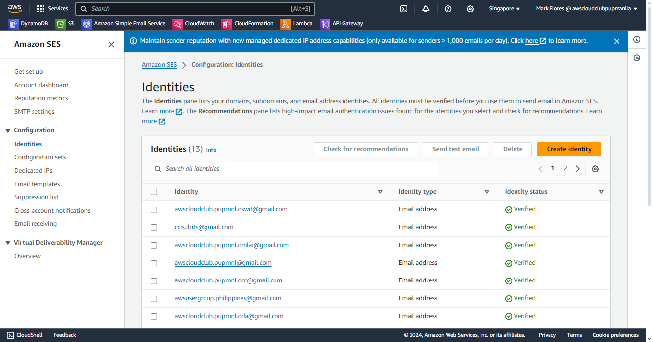 Amazon SES Identities Dashboard