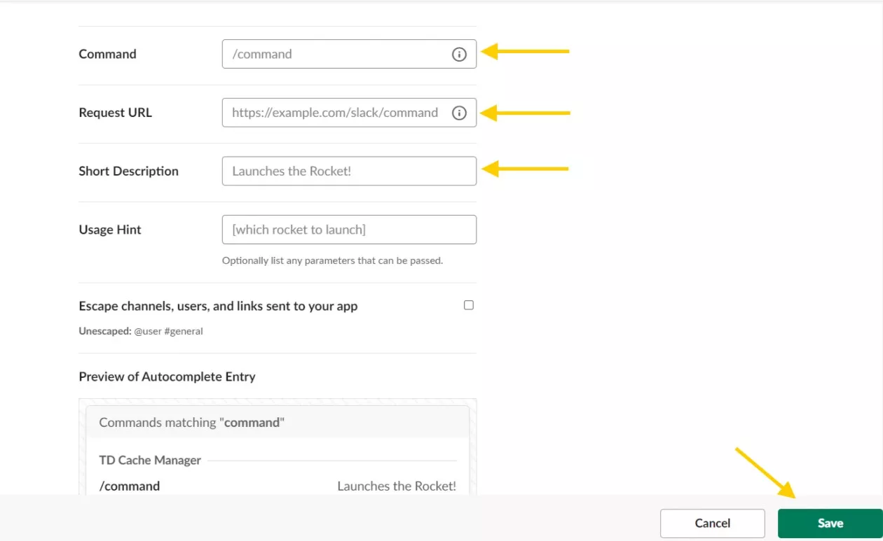 Cache Manager Slack App - Parameters