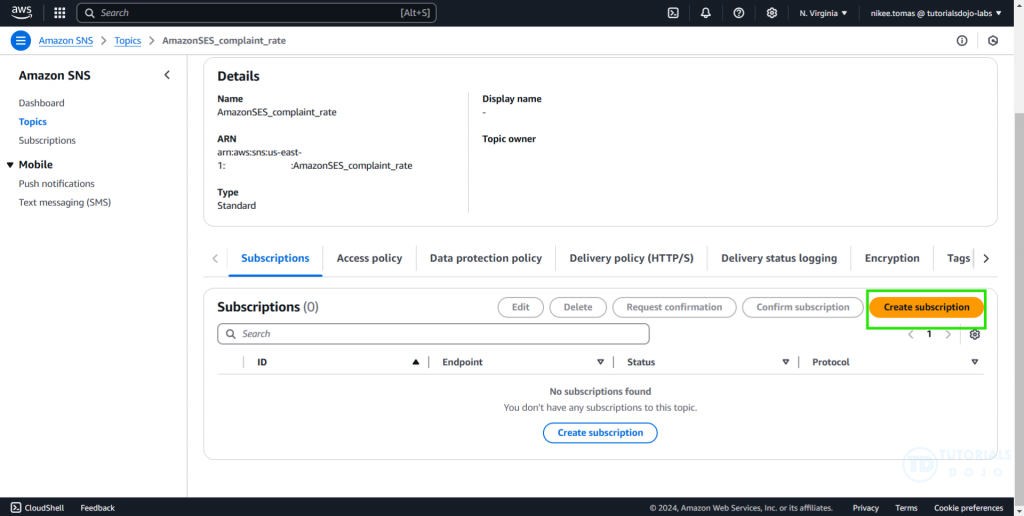 Monitoring Amazon SES- Create Subscription