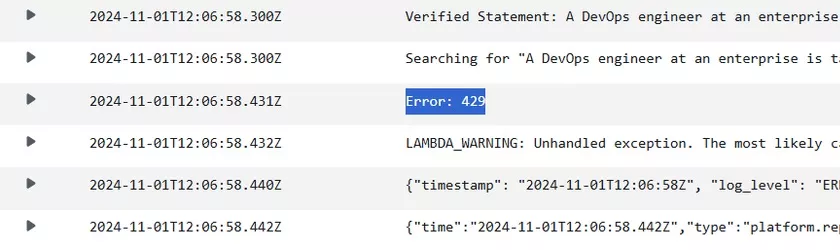 CloudWatch logs sample error message