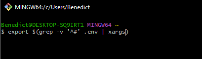 Terminal window showing command to load environment variables from a .env file