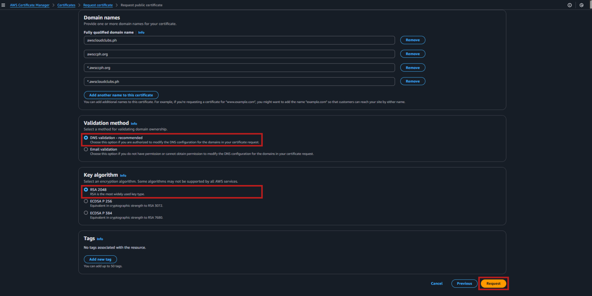 AWS ACM Filling Up Certificate Request for DNS Management