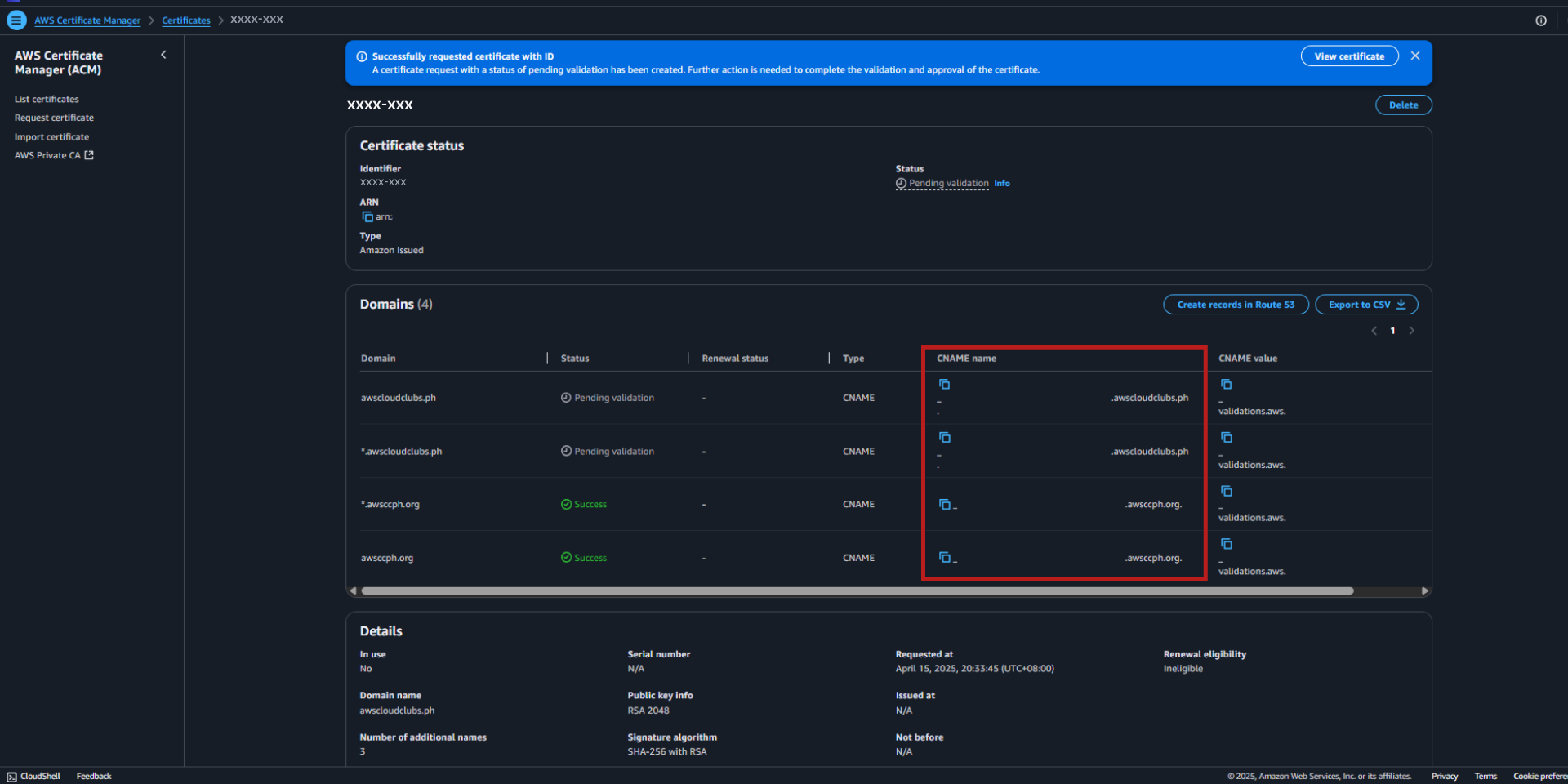 AWS ACM Request with CNAMES for DNS Management