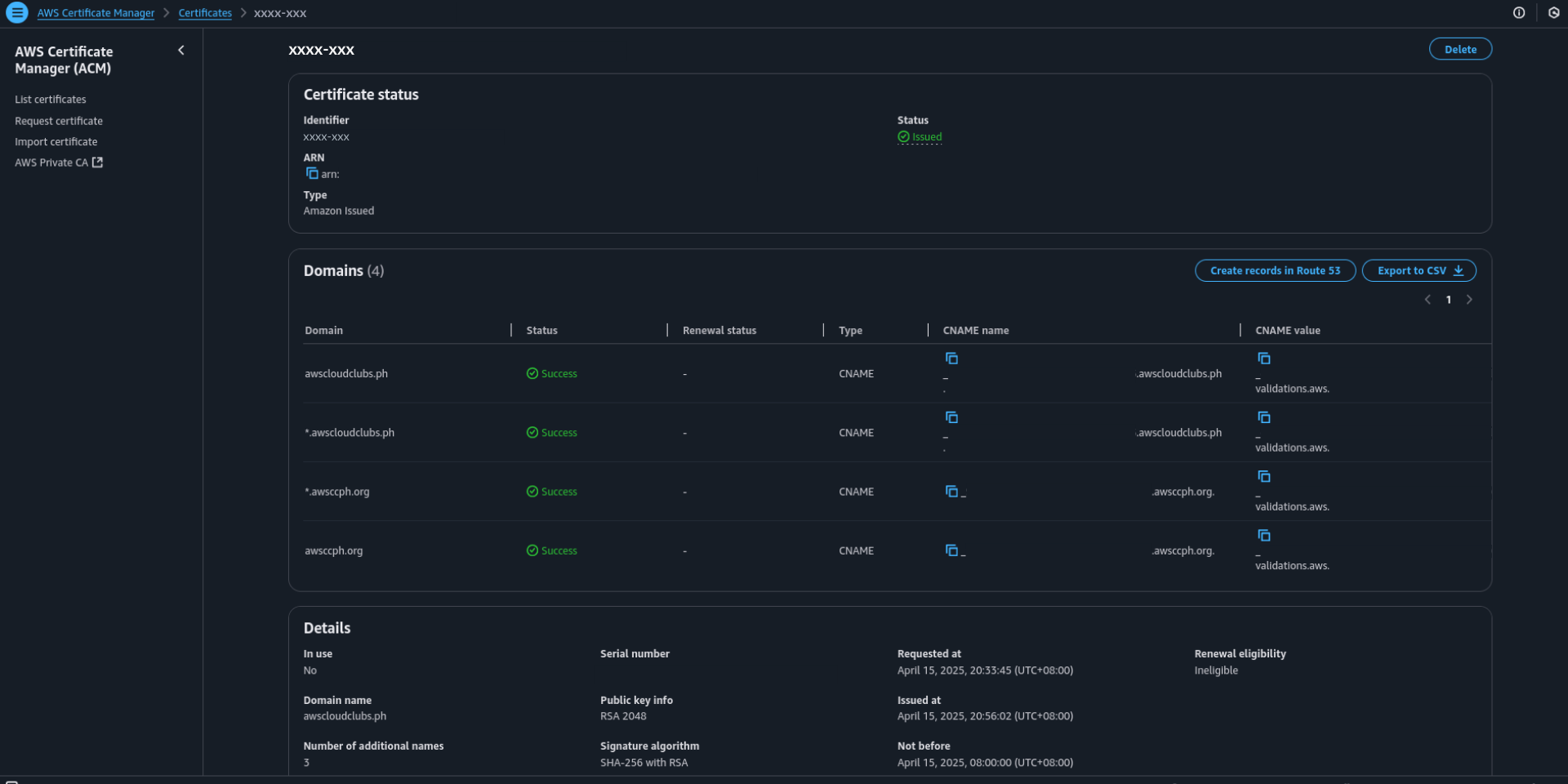 AWS ACM Dashboard after DNS Validation