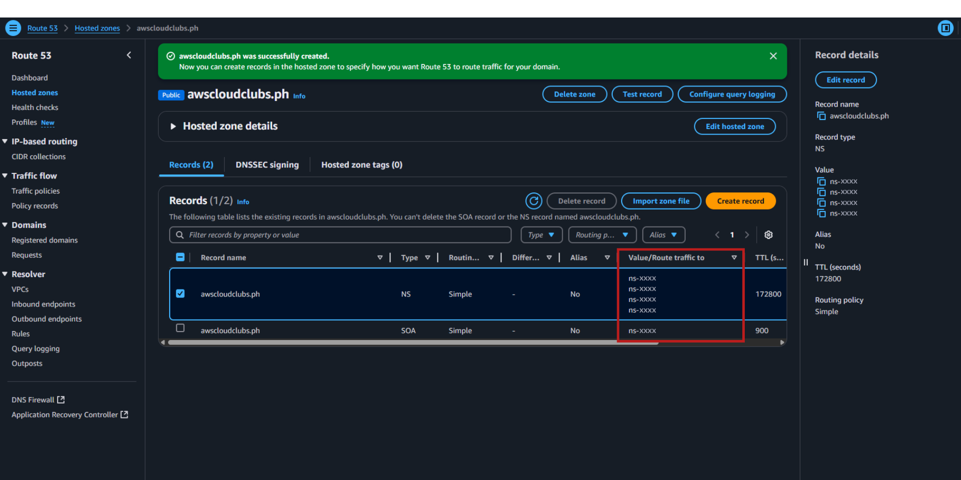 Successfully Created a Hosted Zone in Route 53 for DNS Management