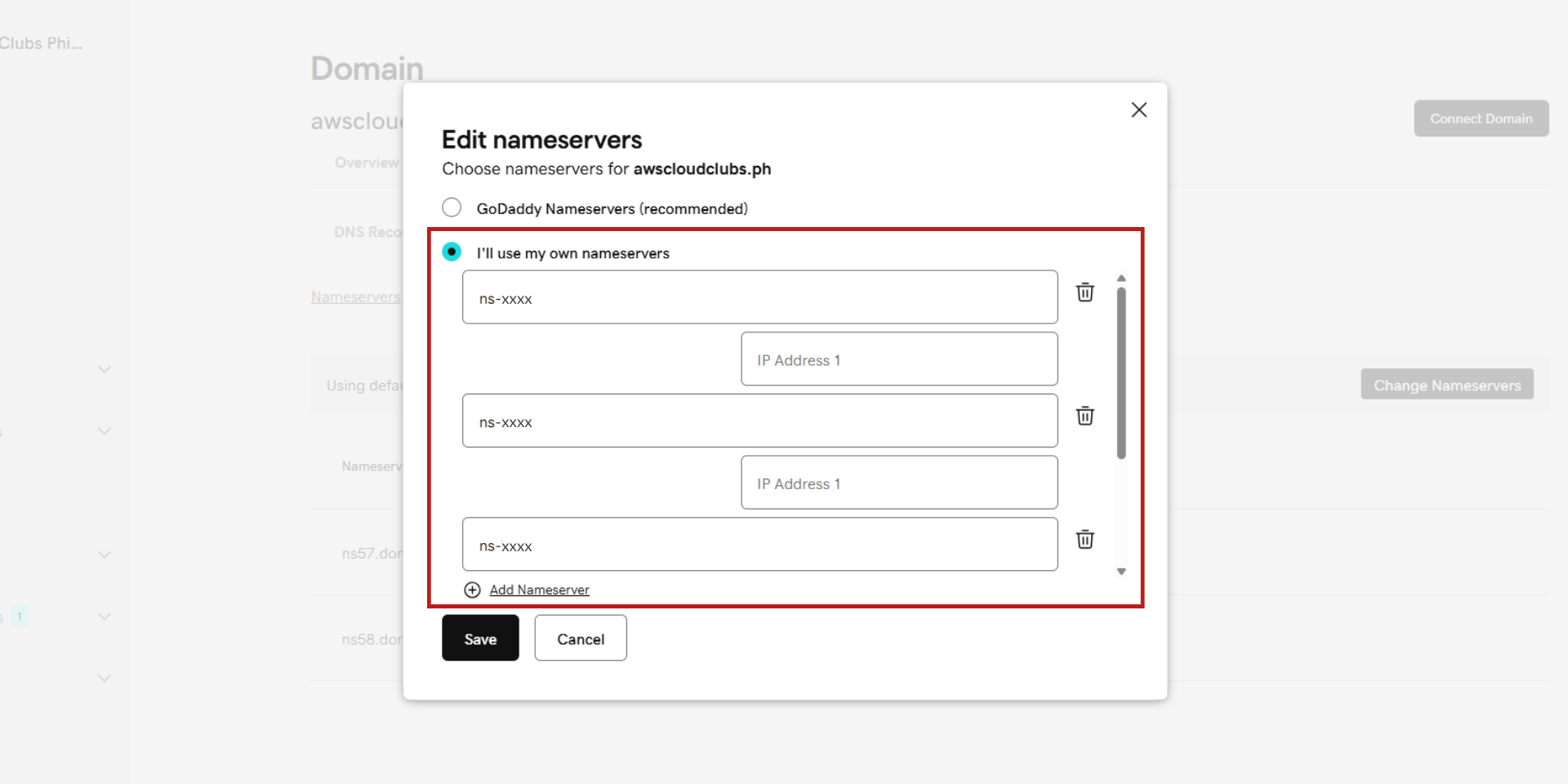 GoDaddy Editing Nameservers for DNS Management