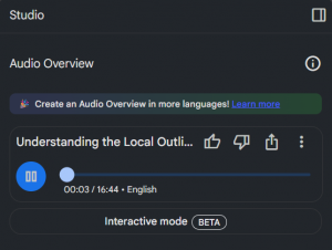 NotebookLM Studio showing audio overview player.