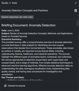 NotebookLM "Briefing Document: Anomaly Detection" overview.