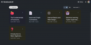 NotebookLM dashboard with various notebooks displayed.