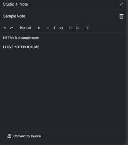 NotebookLM "Sample Note" editing interface.