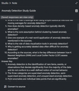 NotebookLM "Anomaly Detection Study Guide" displaying questions and answers.