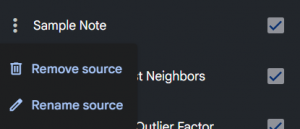 NotebookLM menu for "Sample Note" with "Remove source" and "Rename source" options.