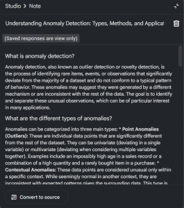 NotebookLM "Understanding Anomaly Detection" note detailing types of anomalies.