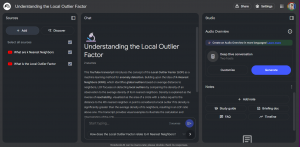 NotebookLM interface for "Understanding the Local Outlier Factor" with chat and studio panels.