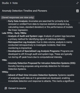 NotebookLM "Anomaly Detection Timeline and Pioneers" note with historical dates.
