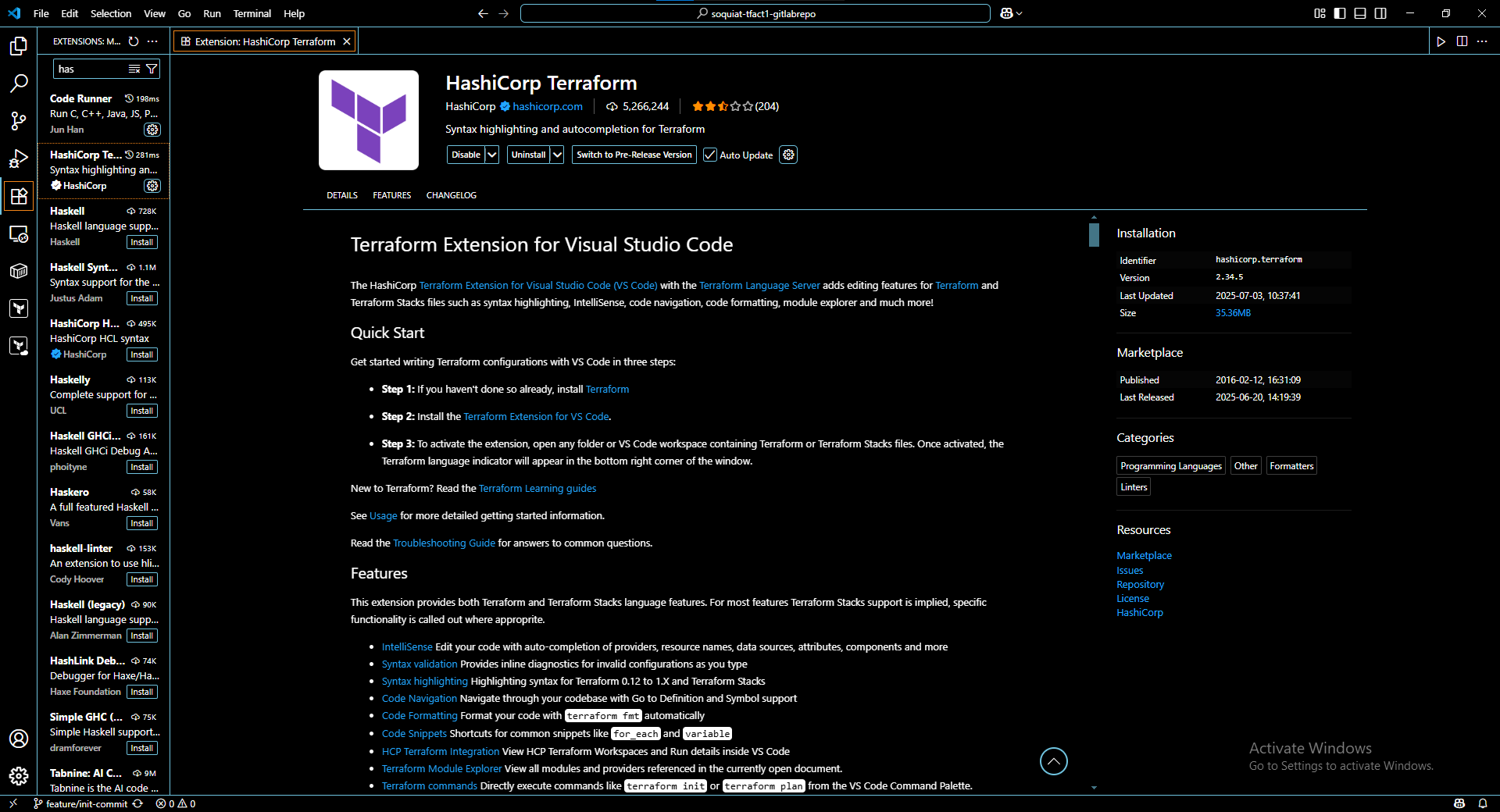 Haschicorp Terraform in Visual Studio Code