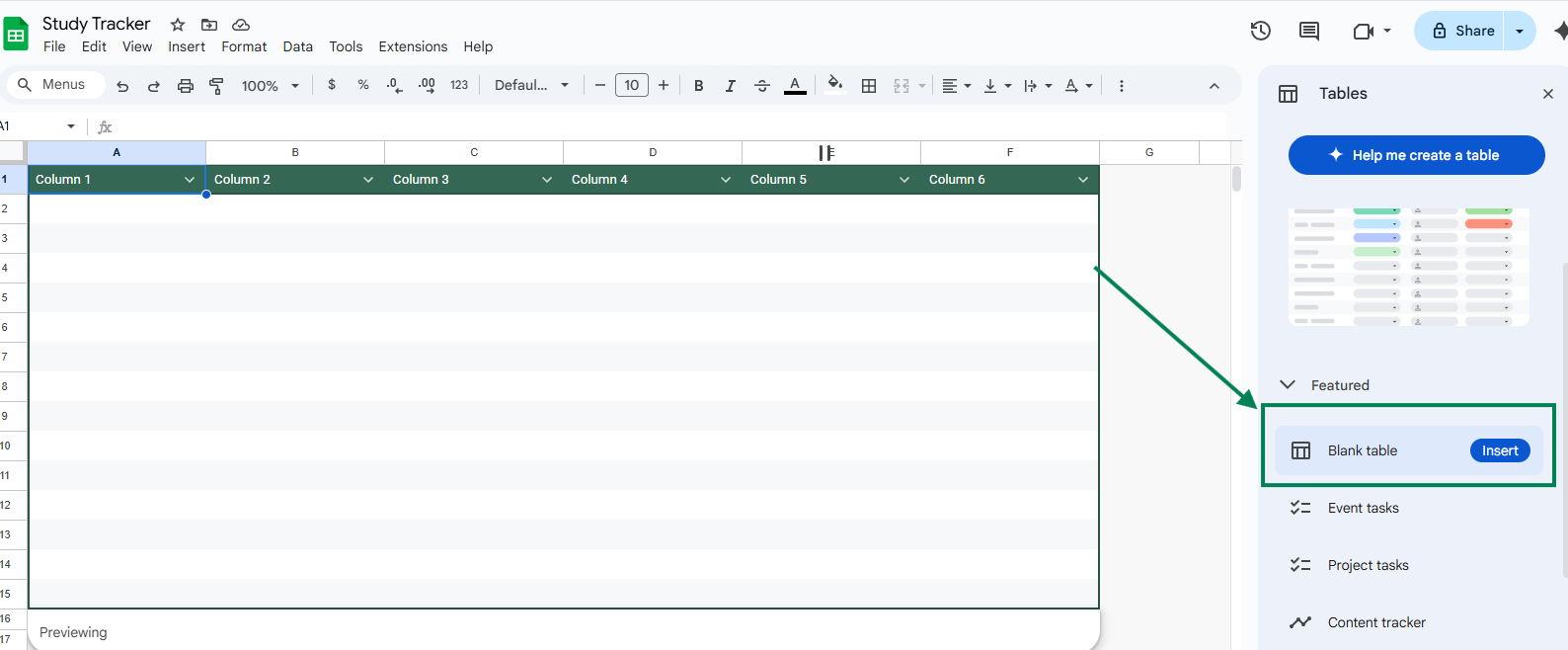 Insert Blank Table FOR GOOGLE SHEETS