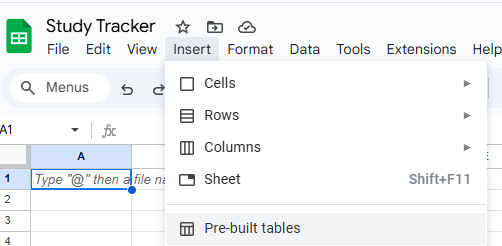 Insert > Pre-Built Table FOR GOOGLE SHEETS
