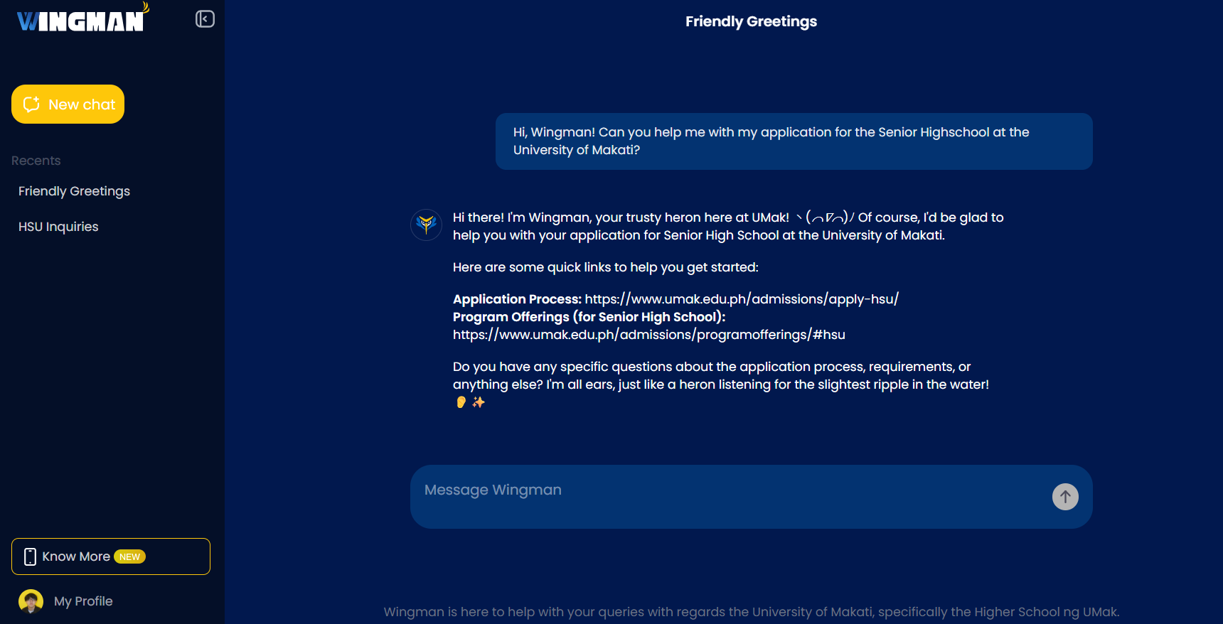 Wingman AI Chatbot Active Interface