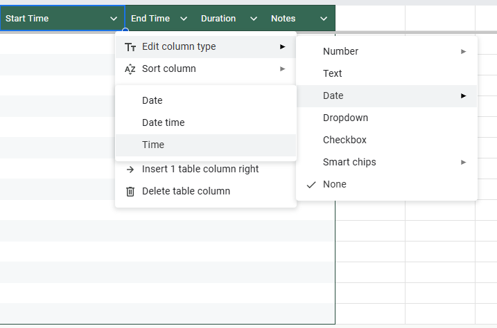 EDIT THE COLUMN TYPE FOR GOOGLE SHEETS