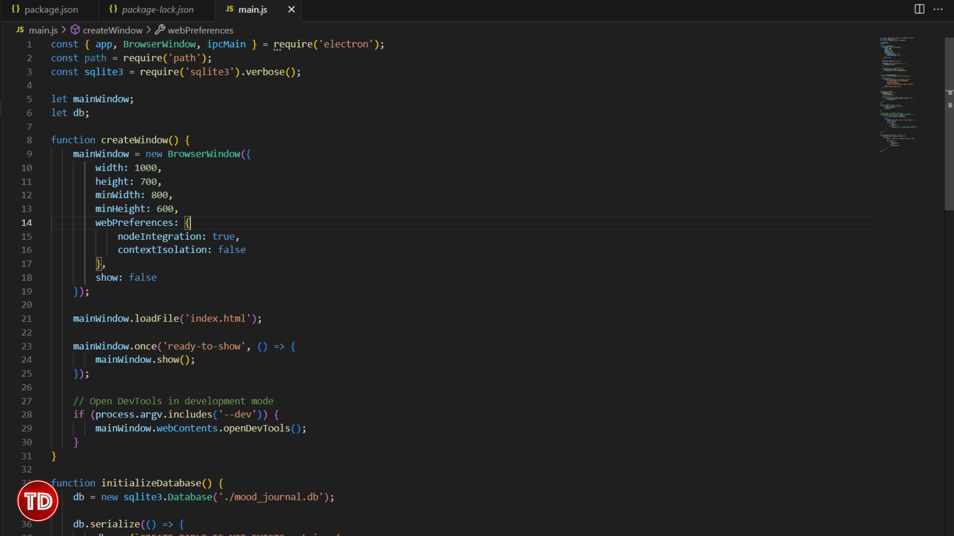 Mood Journal App Create Main Electron Process