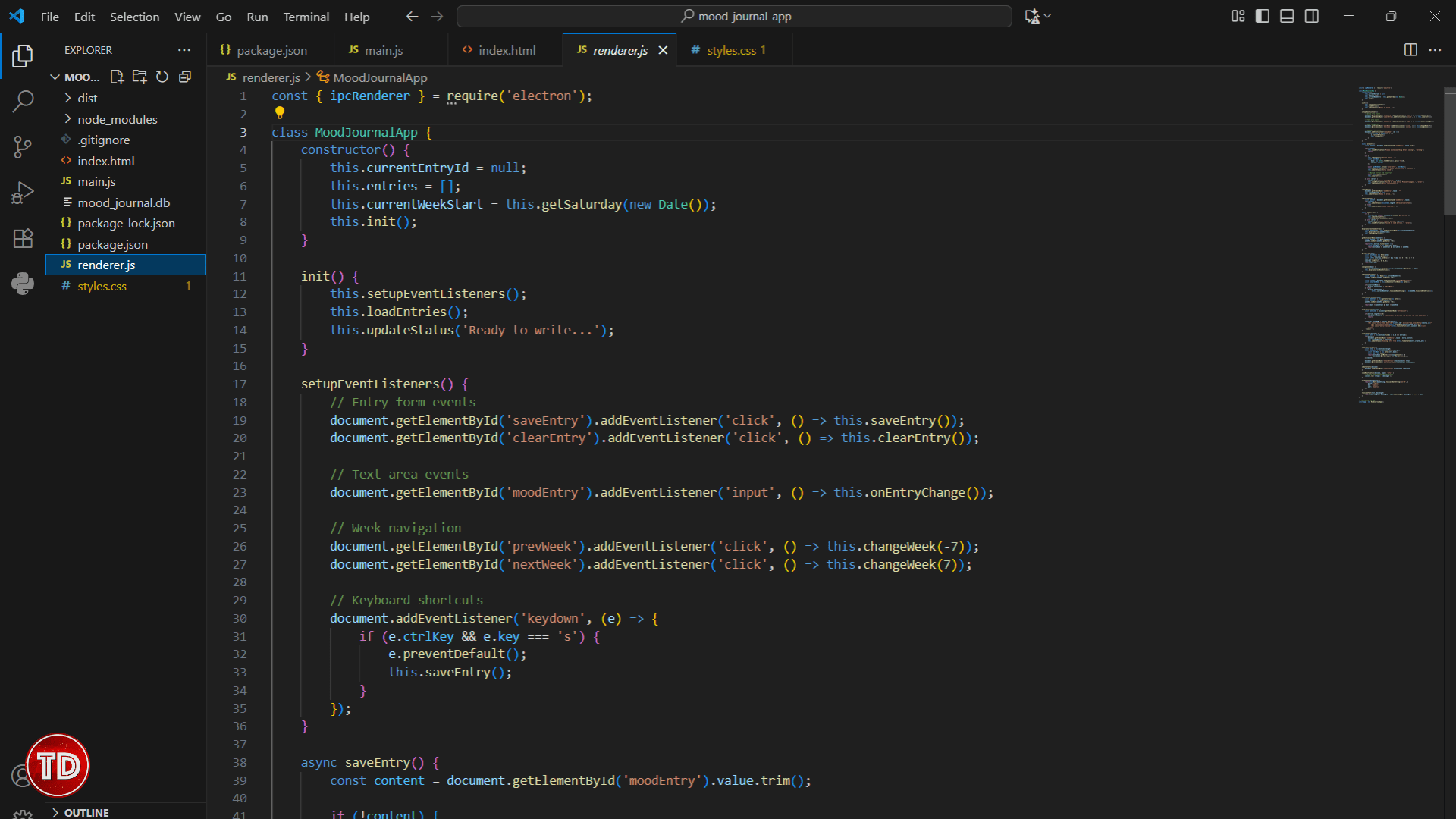 Mood Journal App Create the Renderer Process Logic