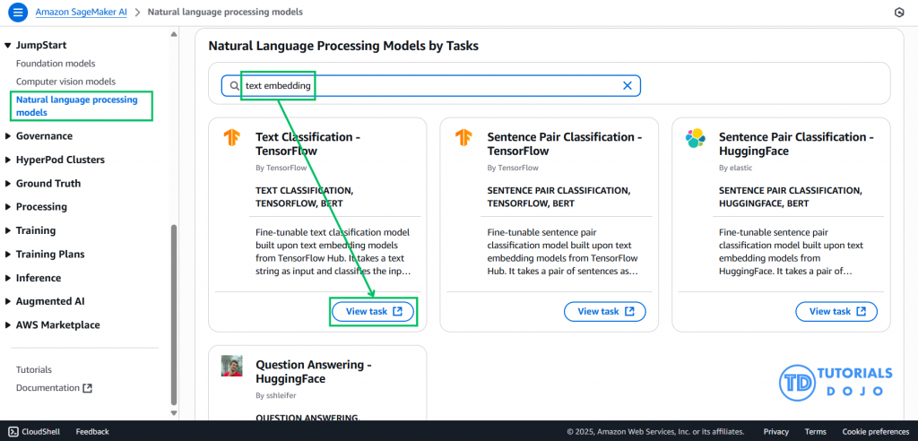 Searching and Choosing a "text embedding" Natural Language Processing Model in Jumpstart