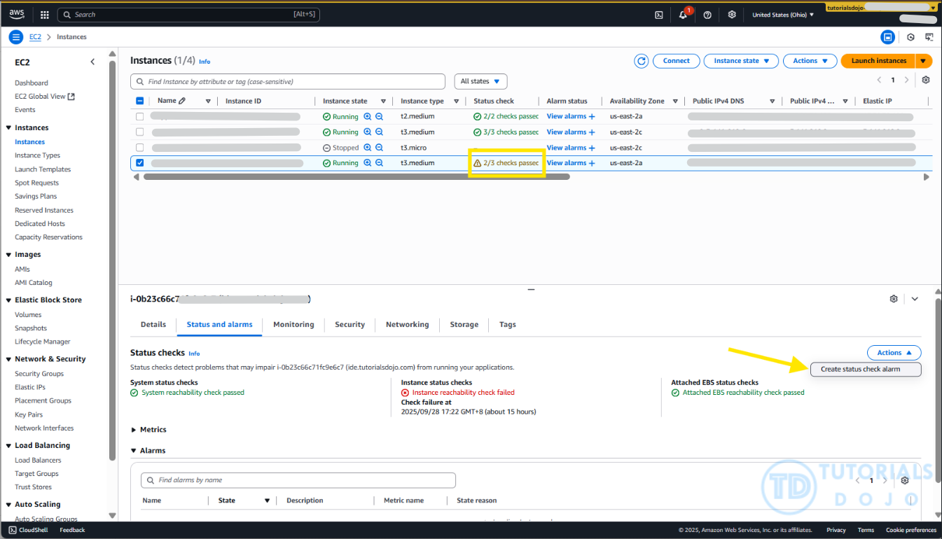EC2-Create status check alarm button
