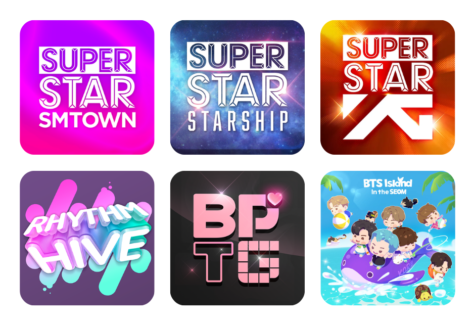 K-POP Games (Superstar SMTOWN, Superstar Starship, SMTOWN YG, Rhythm Hive, BLACKPINK THE GAME, BTS in the Seom)