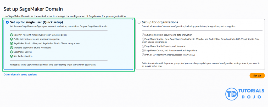 Setting up a SageMaker Domain with the Quick Setup option marked