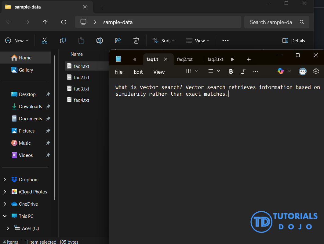 Folder Labeled "sample-data" containing 4 .txt files, each containing a few lines of text