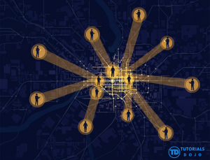 A diagram of individual users with phones connecting to a central data network on a map.