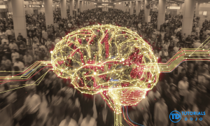 A conceptual image of an AI brain processing data from a large crowd of people