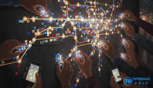 Top-down view of multiple hands building a glowing data map, showing collaboration in crowdsourcing for commuters