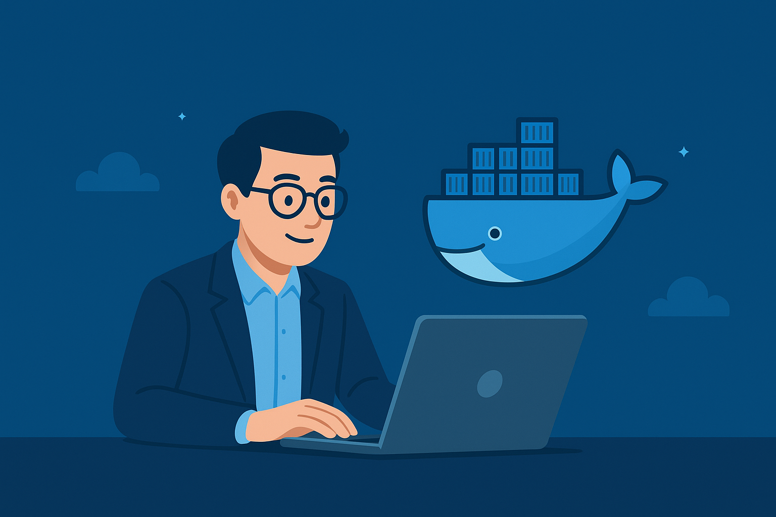 A professional man working on a laptop with the Docker whale logo floating beside him, symbolizing the use of Docker technology.