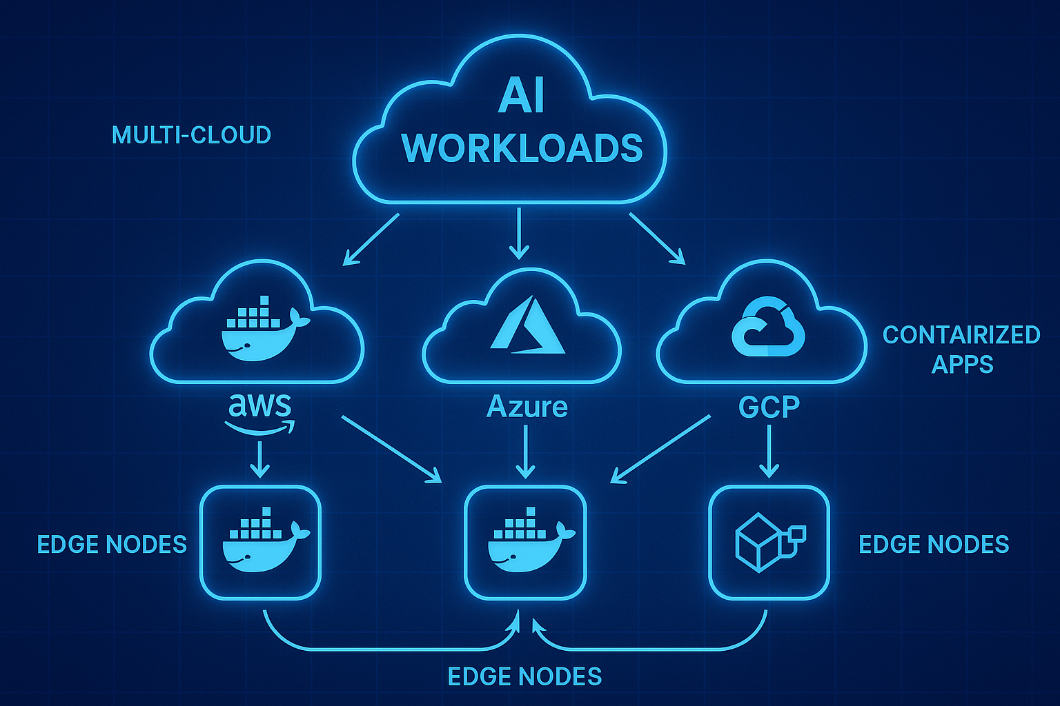 Diagram showing AI workloads distributed across AWS, Azure, and GCP clouds with containerized apps and edge nodes connected by bidirectional arrows.