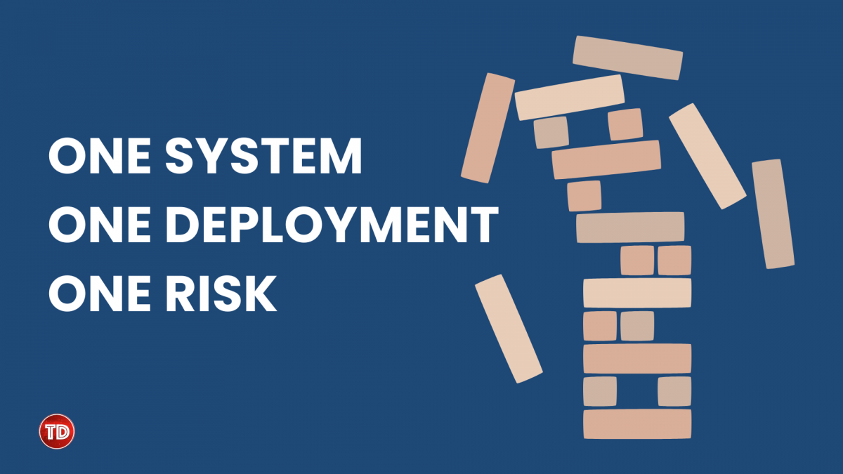 Illustration showing monolithic app risk with falling Jenga blocks and the phrase one system one deployment one risk