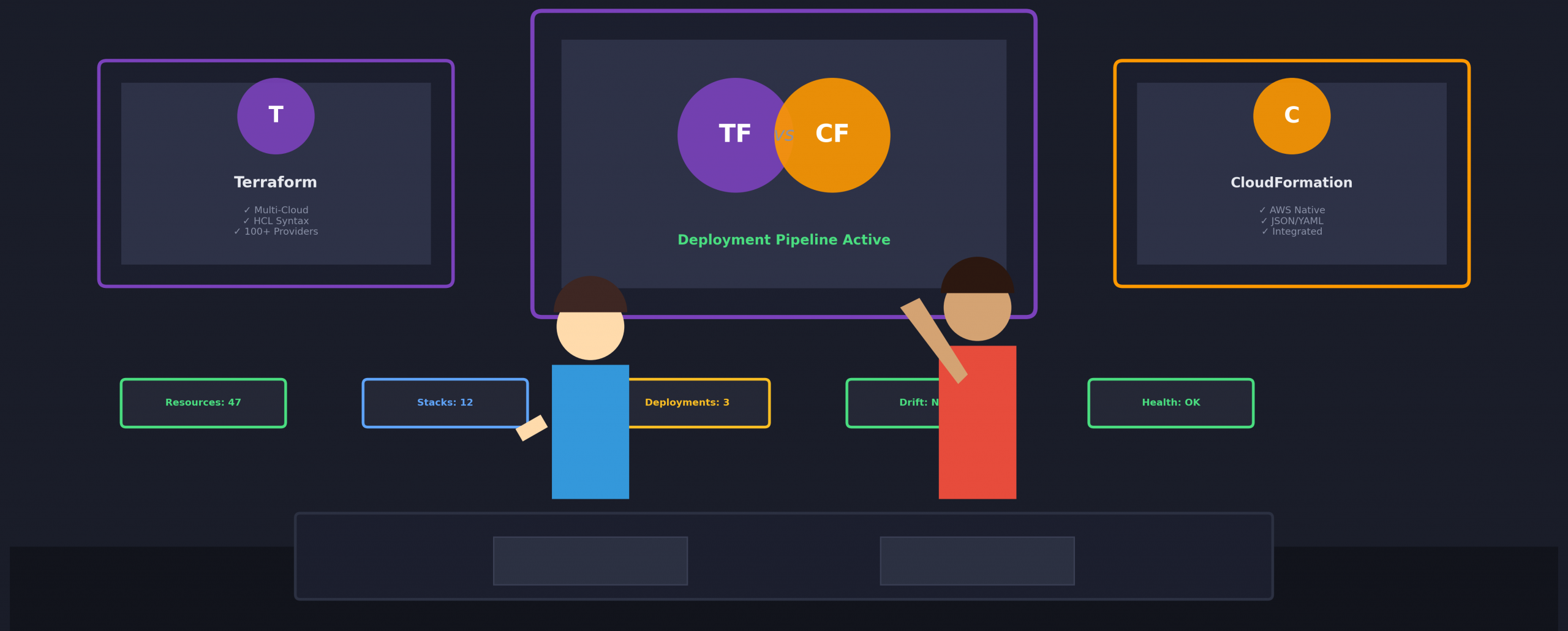 Modern DevOps control room with dark theme showing two cloud engineers at a control desk with multiple monitors displaying Terraform and CloudFormation icons, status indicators, and deployment pipeline information.