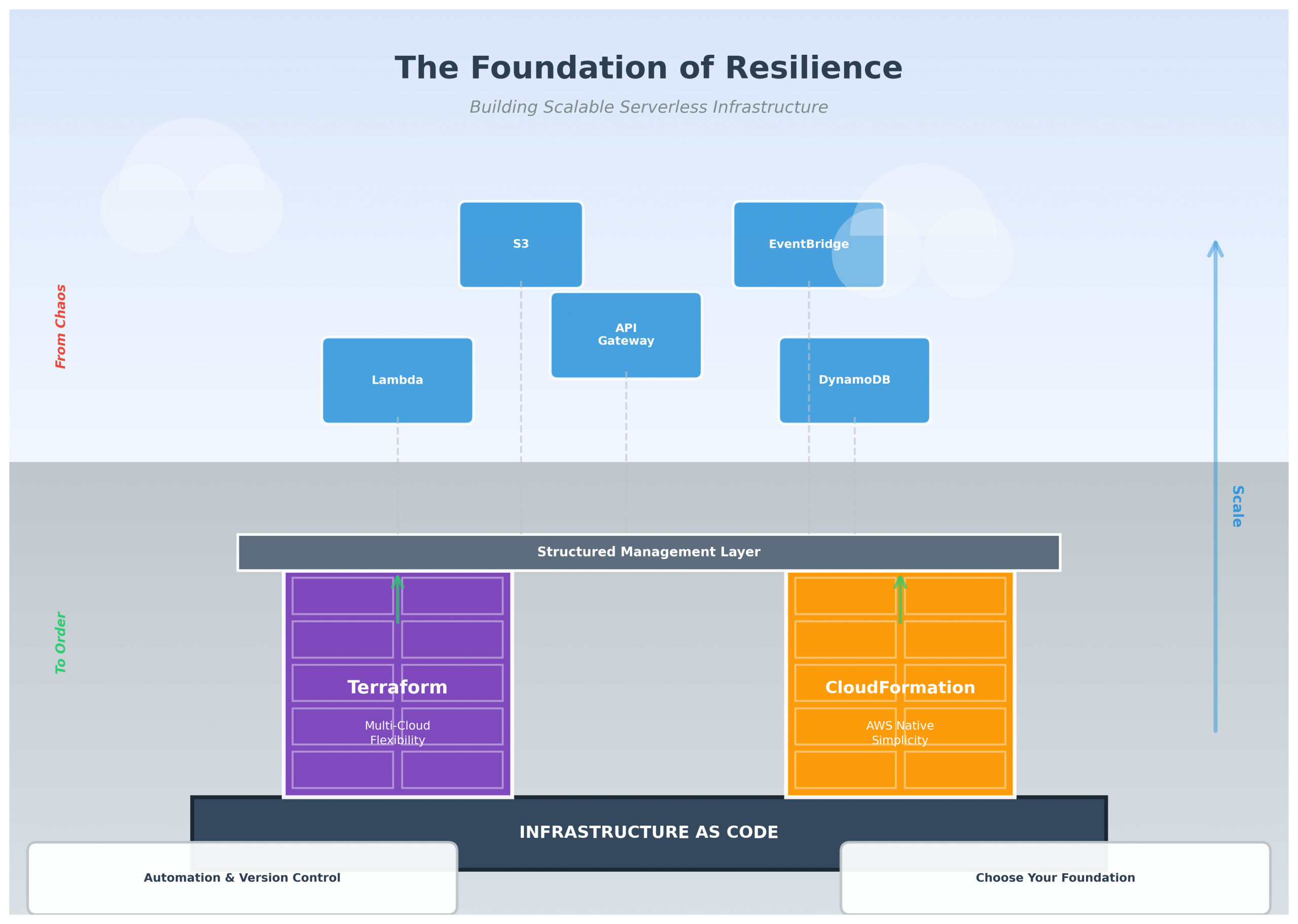 Conceptual illustration showing Terraform (purple) and CloudFormation (orange) as foundation pillars supporting a management layer with organized serverless components (Lambda, API Gateway, DynamoDB, S3, EventBridge) above, with gradient background transitioning from ground to sky.