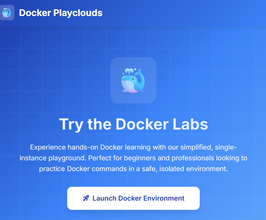 Docker Playclouds interface with a button to launch a Docker environment.
