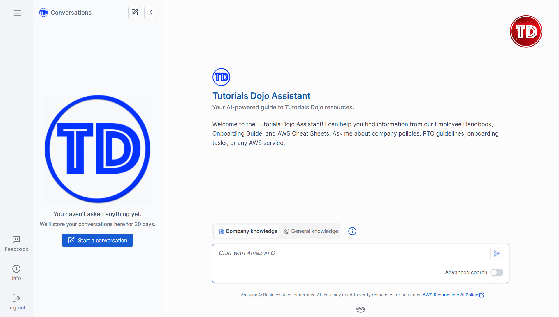 A screenshot of Tutorials Dojo Assistant, an Amazon Q Business web experience.