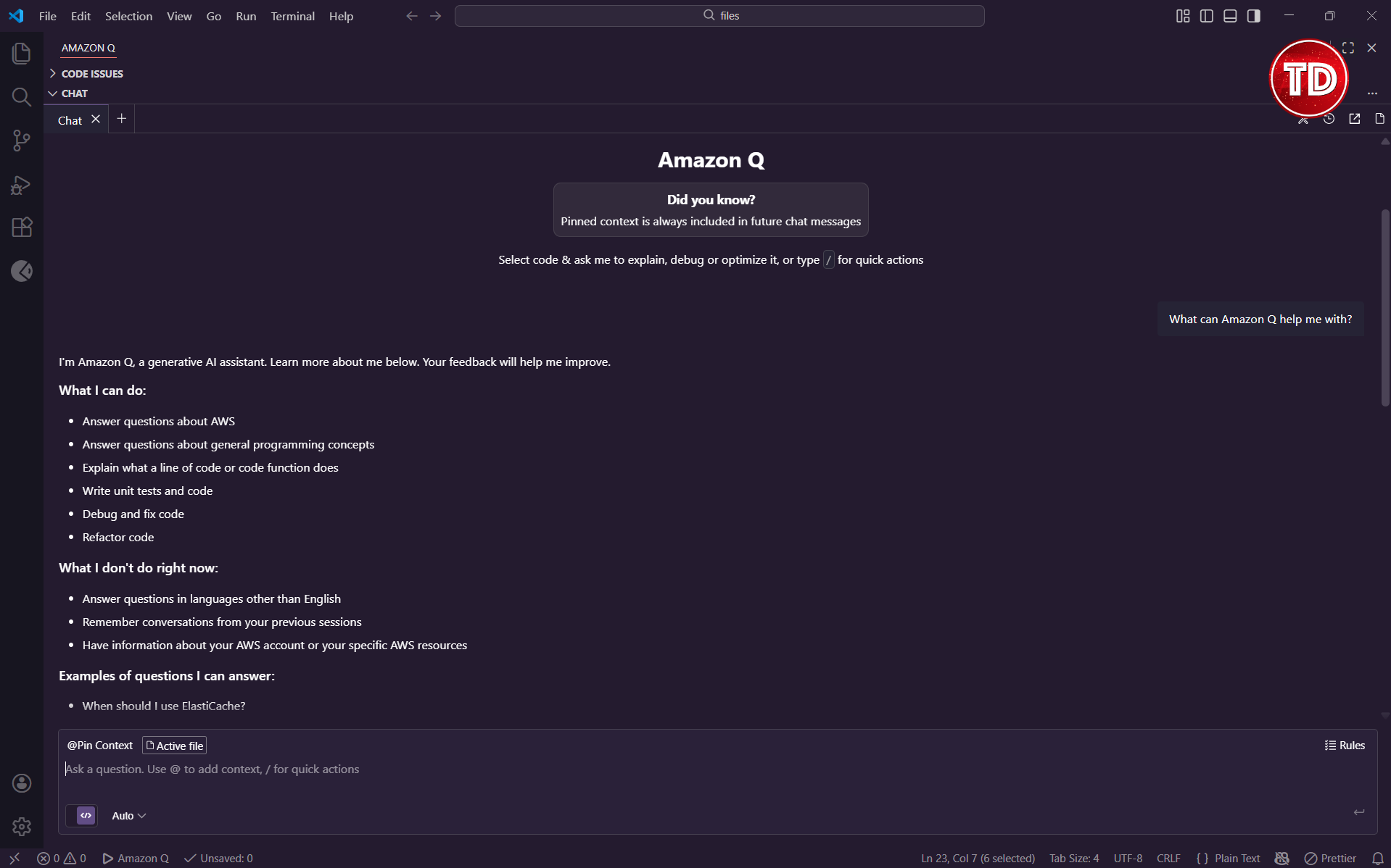 A screenshot of Amazon Q Developer on VSCode.