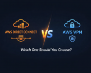 illustration comparing AWS Direct Connect and AWS VPN, showing a private cloud connection for Direct Connect and a secure internet tunnel for VPN, with the question “Which One Should You Choose?”