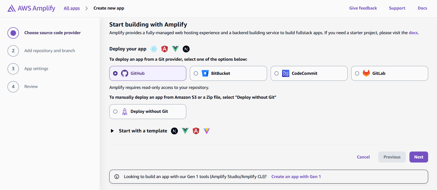 hosting in amplify using github as source