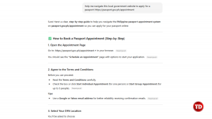 A sample prompt with an LLM regarding navigating a government website
