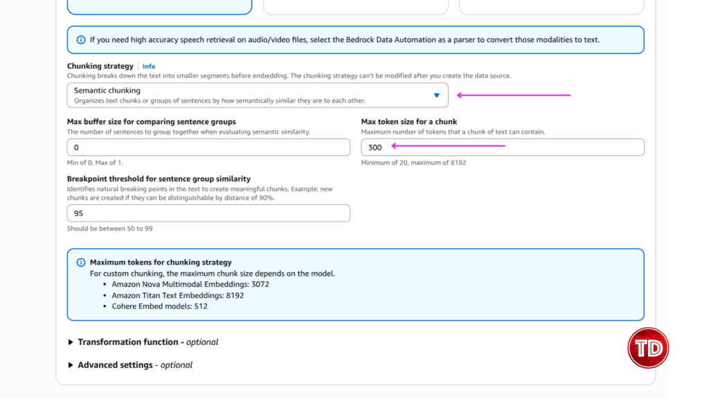 Semantic Chunking and Default Parsing Strategy Configuration in Amazon Bedrock Knowledge Base