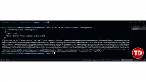Terminal showing a JSON response with "success": true and base64-encoded QR code data.
